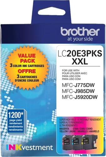 Miniatura 4 de Cartucho de tinta Brother genuino de alto rendimiento en color, paquete de 3 LC20E, paquete de repuesto de tinta de color de tres piezas, incluye 1
