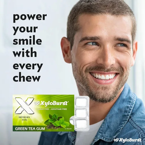 Miniatura 8 de XyloBurst Goma de mascar de xilitol, sin azúcar, sin gluten, apto para dieta cetogénica, sin aspartamo, para la salud bucal, té verde, 12 piezas