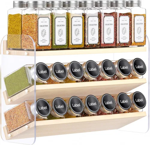 Miniatura 10 de MUDEELA Organizador de especias transparente para gabinete, estante vertical de 4 niveles, organizador de condimentos de madera para encimera
