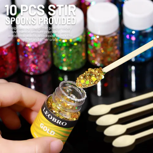 Miniatura 8 de LEOBRO Purpurina holográfica gruesa – 15 colores para manualidades de resina, uñas, cuerpo y joyería – con 10 cucharas mezcladoras