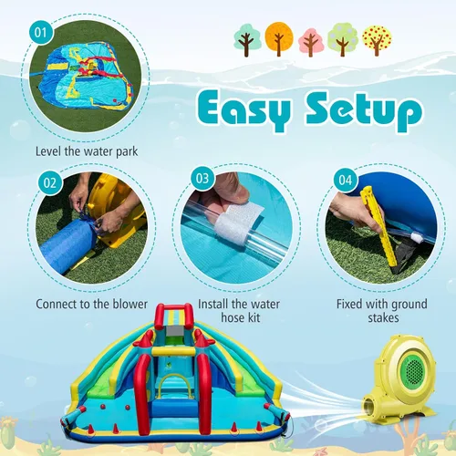 Miniatura 5 de HONEY JOY Tobogán acuático inflable, tobogán largo doble gigante/casa de rebote/pared de escalada/carrera de obstáculos, cañón de agua, piscina