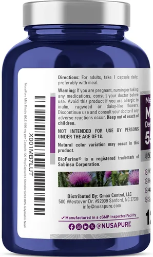 Miniatura 3 de NusaPure Cápsulas de cardo mariano, 550 mg, 120 cápsulas vegetales (sin OMG, veganas)