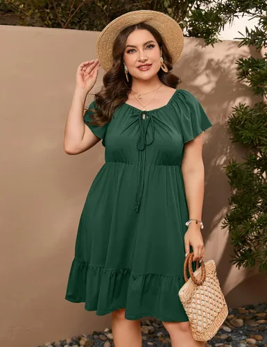 Miniatura 5 de ShopWonder Vestidos hawaianos de talla grande para mujer, vestido de cuello cuadrado, manga corta, casual, acampanado, vestido de verano