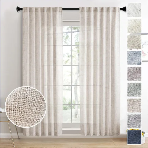 Miniatura 44 de Cortinas de lino 92 pulgadas de largo, juego de 2 paneles con bolsillo para barra, lengüeta trasera, cortinas transparentes para ventanas