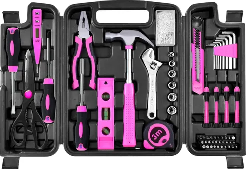 Miniatura 8 de Juego de herramientas rosa, juego de 130 piezas para el hogar para mujeres con destornillador recargable inalámbrico de 3.6V, juego básico