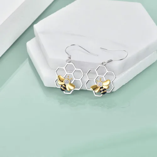 Miniatura 2 de LUHE Aretes de panal con abeja, plata de ley 925, aretes de abeja y colmena para mujer (aretes de abeja)