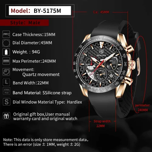 Miniatura 5 de BENYAR Fashion Men's Quartz Chronograph Waterproof Silicone Watches Business Casual Sport Design Wrist Watch for Men Perfect for Father Son Black