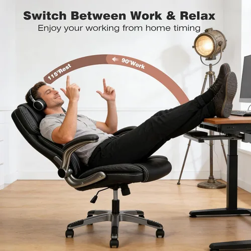 Miniatura 7 de Silla de oficina ejecutiva con brazos abatibles, sillas de oficina ergonómicas grandes y altas con respaldo alto, soporte lumbar oscilante de 90 a