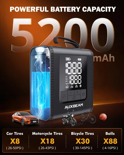 Miniatura 2 de AUXBEAM H4Pro - Inflador de neumáticos portátil, compresor de aire portátil, 150 PSI, 2 en 1, recargable, 5200 mAh, inflador de neumáticos portátil