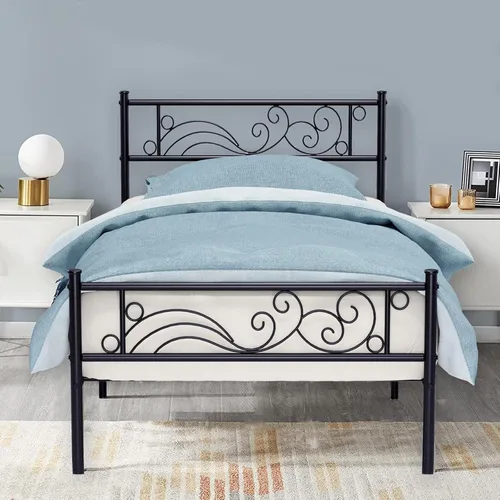 Miniatura 10 de Weehom Base de cama de metal con cabecero y estribo, no necesita somier, plataforma completa, color negro