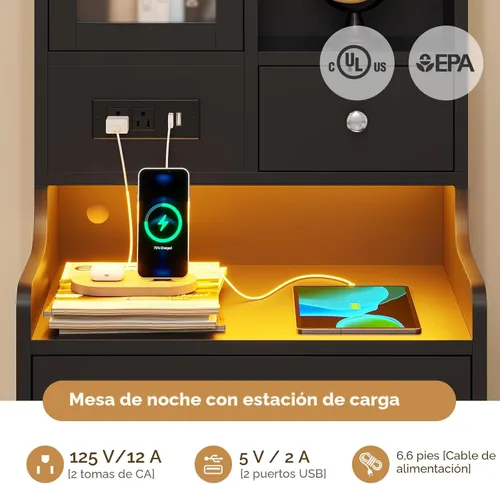 Miniatura 6 de ADORNEVE Mesita de noche alta con estación de carga y luces LED, mesita de noche de 49.2 pulgadas con estantería, mesita de noche negra con cajones