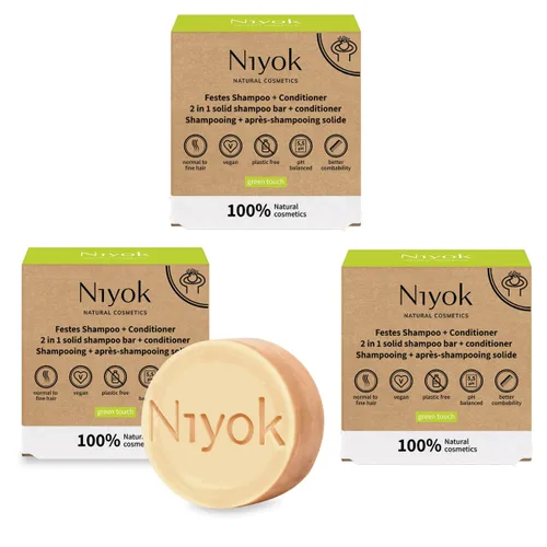 Niyok Natural Cosmetics - Champú sólido 2 en 1 + barra acondicionadora, aroma Green Touch, 2.82 oz, paquete de 3