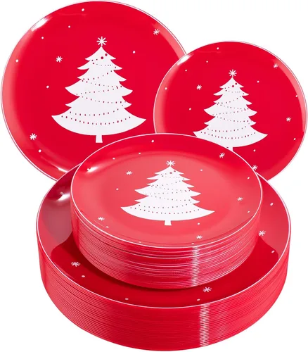 Platos de plástico de Navidad WDF 50 piezas - Platos de plástico rojos y blancos con árbol de Navidad incluyen 25 platos para cena, 25 platos para
