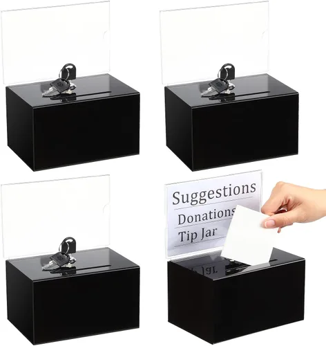 Miniatura 10 de Tuanse Caja de donación de acrílico con candado y soporte para letreros, tarro, rifa, boletos, cajas transparentes para recaudación de fondos, Negro