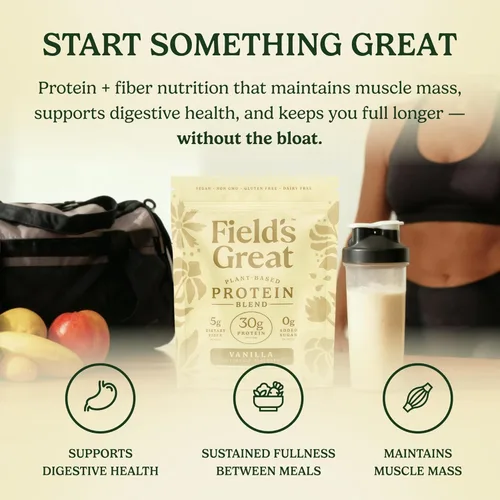 Miniatura 4 de Field's Great Batido de proteína de vainilla todo en uno a base de plantas, envejecimiento saludable, 1.06 onzas de proteína, 0.18 onzas de fibra +