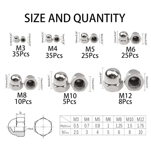Miniatura 2 de Kit surtido de tuercas hexagonales de acero inoxidable 304, cabeza de cúpula de bellota, M3 M4 M5 M6 M8 M10 M12