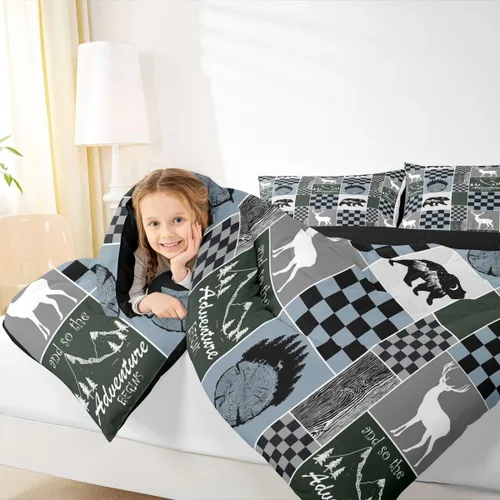 Miniatura 156 de Juego de edredón de oso y ciervo, tamaño individual, ropa de cama de animales salvajes de caza, colcha rústica de cabaña, casa de campo, cuadros