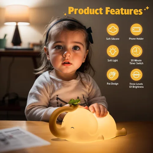 Miniatura 4 de Luz nocturna de silicona con forma de elefante para niños - Lámpara LED recargable y regulable en 3 niveles, control táctil, luz suave de animales