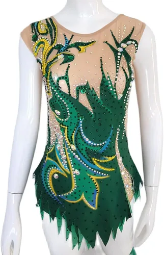 Miniatura 2 de LIUHUO Leotardo de gimnasia rítmica con estampado verde de diamante completo para niñas, sin mangas, rendimiento de competición