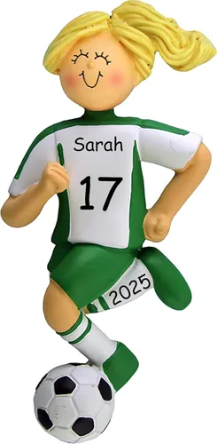 Miniatura 16 de Adorno de Navidad personalizado de fútbol, uniforme blanco y negro, niña, cabello rubio, bola de regate, resina pintada a mano, 4.5 pulgadas