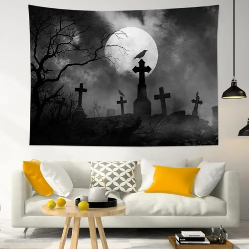 Miniatura 3 de HVEST Tapiz de Halloween de luna llena, lápida de cuervo negro, árbol muerto, tapiz para dormitorio, cementerio gris aterrador, bosque, decoración