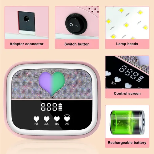 Miniatura 6 de LIMEGIRL Kit de Lámpara de Uñas LED UV para Esmalte en Gel Profesional Conjunto de Luz Secadora de Curado Rápido Rosa con 4 Temporizadores y Guantes