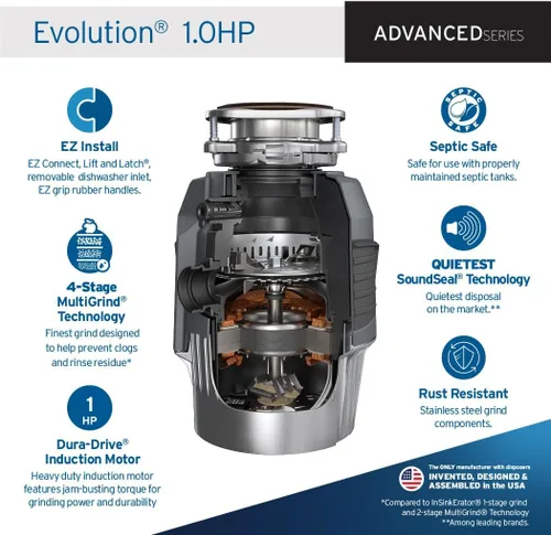 Miniatura 2 de InSinkErator EVOLUTION 1 HP 1 CV, Serie Avanzada de Triturador de Residuos Alimenticios con Alimentación Continua, Gris
