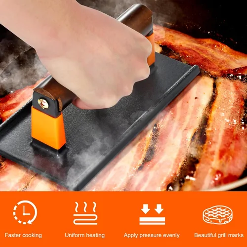 Miniatura 2 de GGC Prensa de tocino para plancha, prensa de hamburguesa de hierro fundido para hamburguesas, bistec, tocino, sándwiches, prensa rectangular