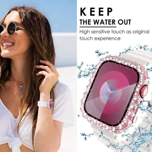 Miniatura 9 de Surace Estuche 2 en 1 impermeable brillante compatible con Apple Watch Series 9/8/7 de 45 mm, protector de pantalla, borde de encaje, diamante