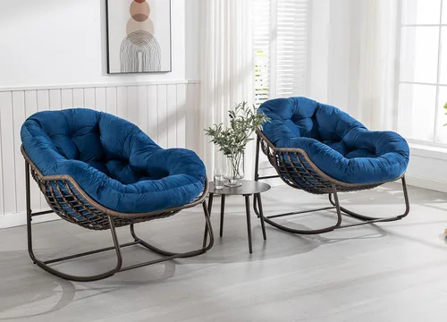 Miniatura 19 de Mecedora de gran tamaño para interiores, cómoda silla mecedora de pana con cojín grueso y marco, silla mecedora grande de mimbre para sala de estar