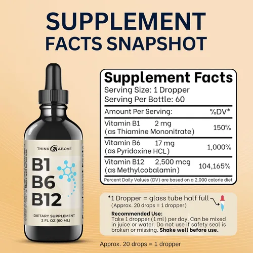 Miniatura 4 de Think Above Gotas líquidas de vitamina B1 B6 B12 – Suplemento diario de apoyo al bienestar – sabor afrutado – metilcobalamina, tiamina, piridoxina