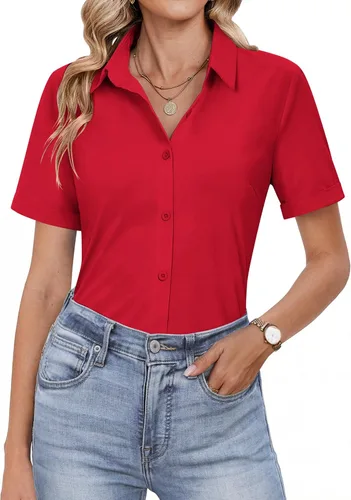 Miniatura 8 de HOTOUCH Camisas con botones para mujer, camisas de vestir de manga corta, blusas casuales de negocios, blusa de trabajo de oficina