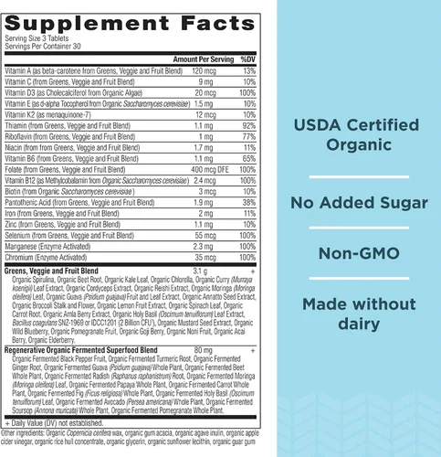 Miniatura 2 de Ancient Nutrition Supergreens - Tabletas multivitamínicas, superalimento orgánico en polvo con multivitaminas hechas de frutas reales, verduras