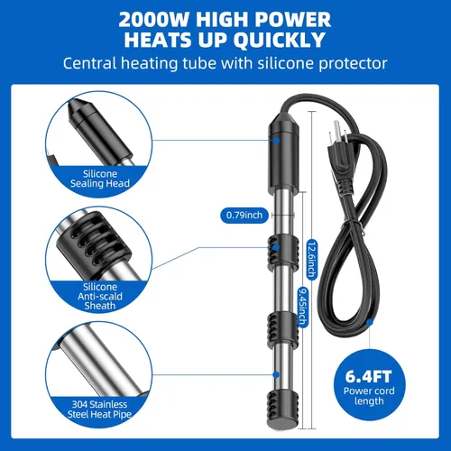 Miniatura 3 de Calentador rápido de cubo de 2000 W, calentador de agua de inmersión, calentador de agua sumergible de alta velocidad para piscina sobre el suelo.