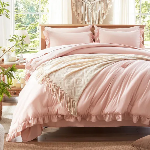 Miniatura 3 de Anluoer - Juego de cama individual con edredón de 5 piezas, rosa en una bolsa con sábanas, juego de ropa de cama de todos los días con volantes