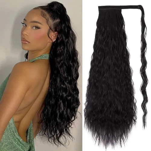 Miniatura 19 de Extensión de cola de caballo ondulada larga con pegamento mágico, resistente al calor, sintética, para envolver, cabello ondulado, para mujer