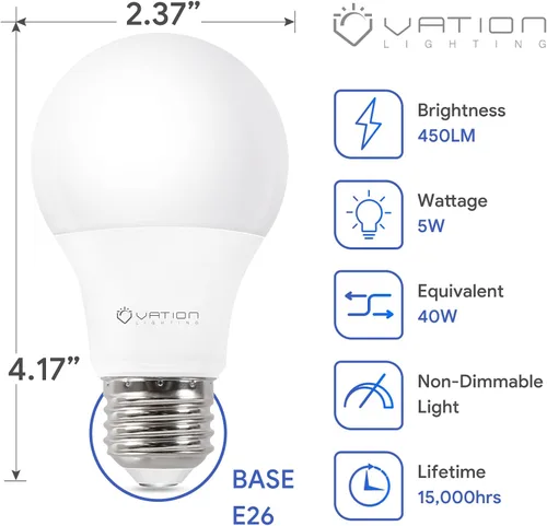 Miniatura 2 de VATION LIGHTING - Paquete de 4 bombillas LED A19 equivalentes a 40 W, luz blanca suave de 2700 Kelvin, eficientes de 5 vatios no regulables, 450