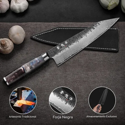 Miniatura 5 de Cuchillo de chef japonés Kiritsuke de 8.27 pulgadas con núcleo VG10, cuchillo profesional de Damasco forjado a mano de 67 capas con mango
