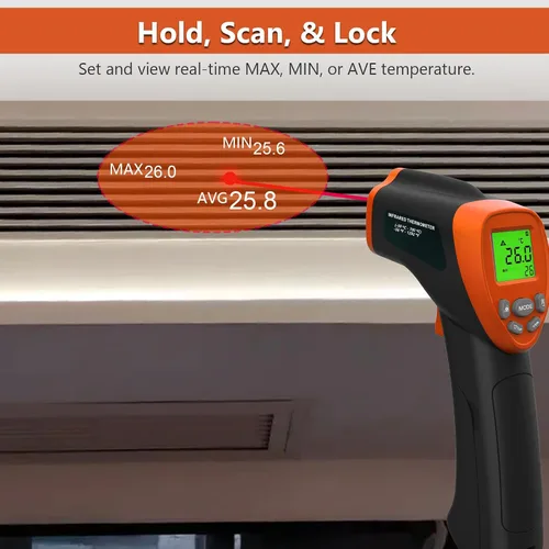 Miniatura 8 de Pistola de termómetro infrarrojo, pistola de temperatura térmica láser DS=16:1 para cocinar, horno de pizza, motor HVAC, pistola de temperatura