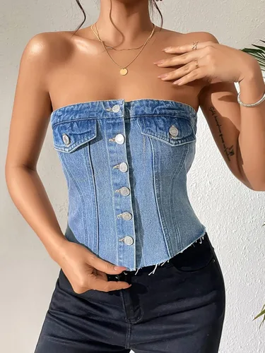 Miniatura 4 de WDIRARA Blusa corta sin mangas con botones y dobladillo sin tirantes para mujer