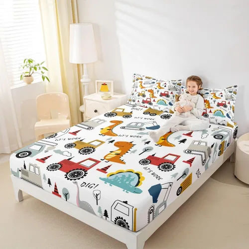Miniatura 6 de Feelyou, juego de sábanas ajustadas con temática de construcción, niños, dinosaurios de dibujos animados, juego de ropa de cama para niños, Multi 37