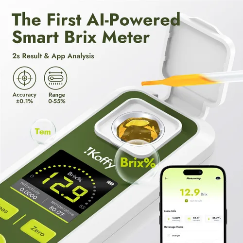 Miniatura 2 de Refractómetro digital Brix AI con ATC, sincronización de aplicaciones y análisis de IA, rango de 0-55%, precisión de ±0.1%, impermeable