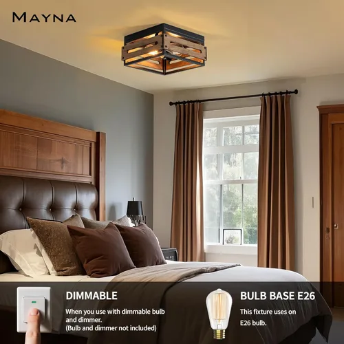 Miniatura 7 de MAYNA Lámpara de techo de granja, lámpara de techo rústica de 2 luces con montaje empotrado de metal y madera, accesorios de iluminación de pasillo
