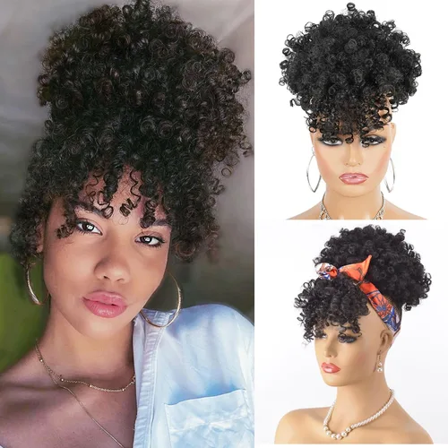 Miniatura 11 de Cola de caballo con cordón para mujeres negras Afro Puff Cola de caballo con cordón con flequillo Cola de caballo corta crespa y rizada Moño cola
