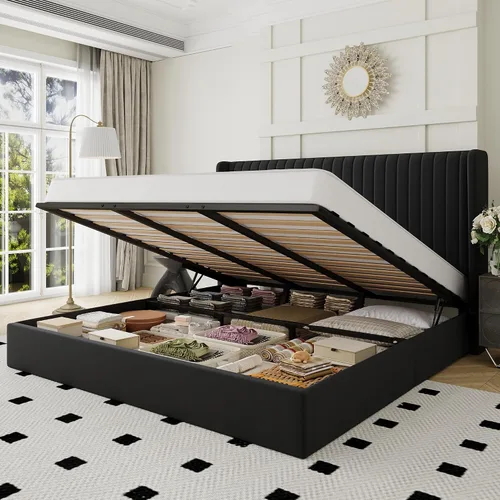 Miniatura 16 de Allewie Base de cama de almacenamiento elevable de tamaño matrimonial, sistema de soporte hidráulico, marco de cama de plataforma tapizada