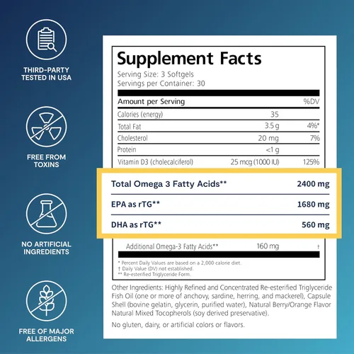 Miniatura 2 de De3 Dry Eye Ultra Pure rTG Omega 3 - Apoyo para Ojos Secos - 2400 mg EPA y DHA - Nuevo y Mejorado-Sin Eructos-3 por día porción, suministro de 1 mes