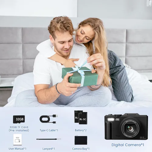 Miniatura 8 de Cámara digital 4K para fotografía, cámara de videoblogs de 64 megapíxeles para YouTube con pantalla giratoria de 3" 180°, cámara compacta de zoom