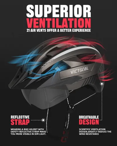 Miniatura 3 de VICTGOAL Casco de bicicleta para hombres y mujeres con luz LED, gafas magnéticas desmontables, visera solar extraíble, casco de bicicleta de montaña