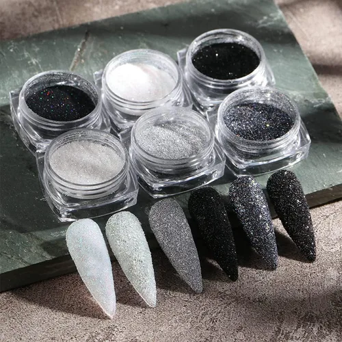 Miniatura 2 de 6 tarros de polvo de purpurina para uñas, color negro y blanco, polvo de plata, polvo de azúcar francés superfino con purpurina iridiscente