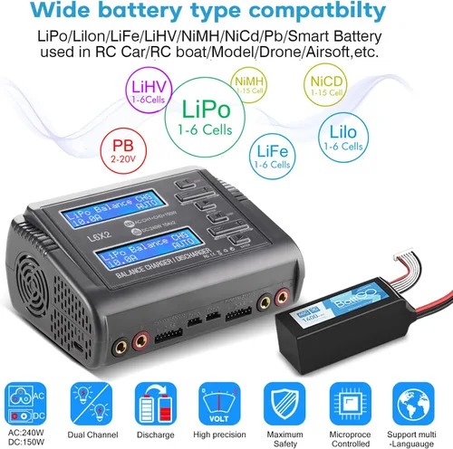 Miniatura 2 de LiPo Cargador de batería de equilibrio rápido Cargadores de batería Descargador para 1S-6S LiPo Li-ion Life LiHV 1S-15S NiCd NiMH PB